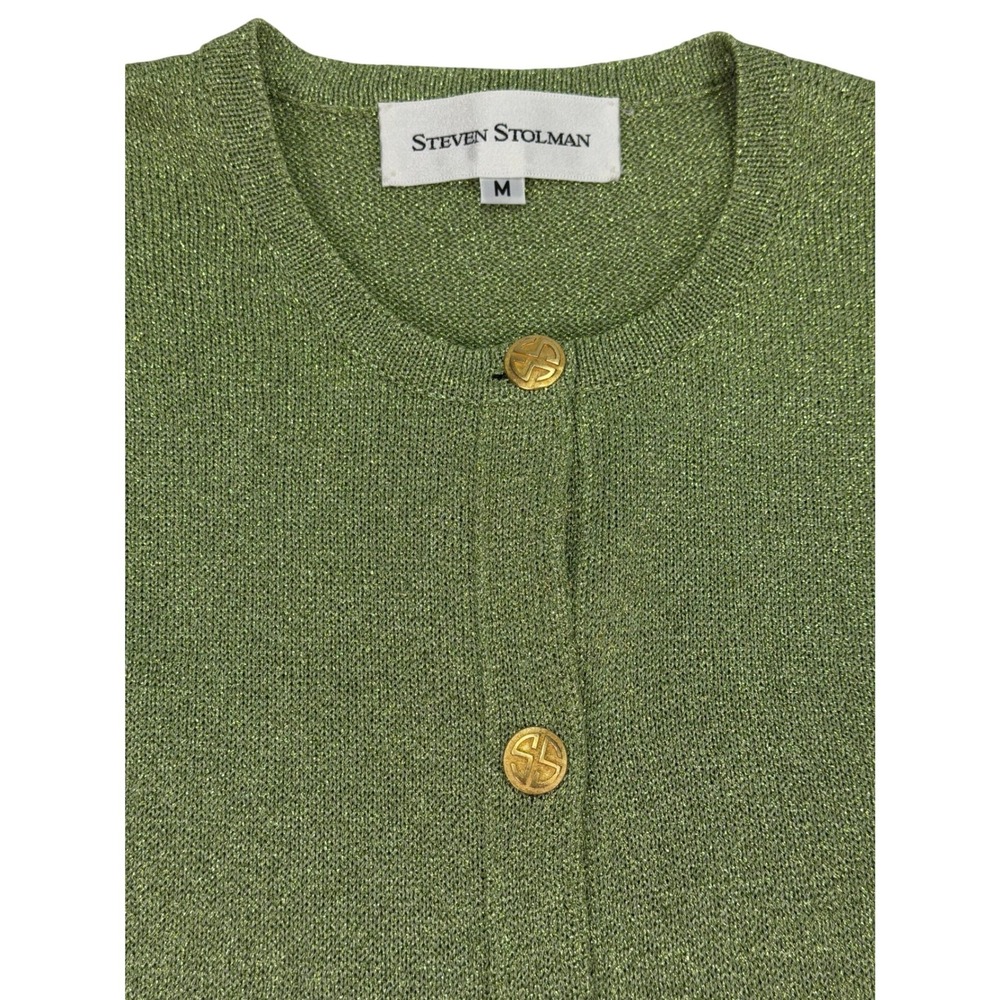 Steven Stolman‎ Green Metallic Lurex Cardigan Gold Button Medium USA Vintage - Picture 3 of 9